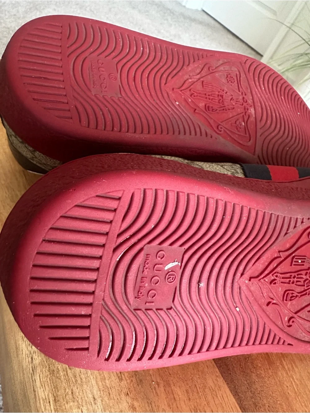 Gucci Beige GG Canvas Sneaker with Red & Navy Web Stripe